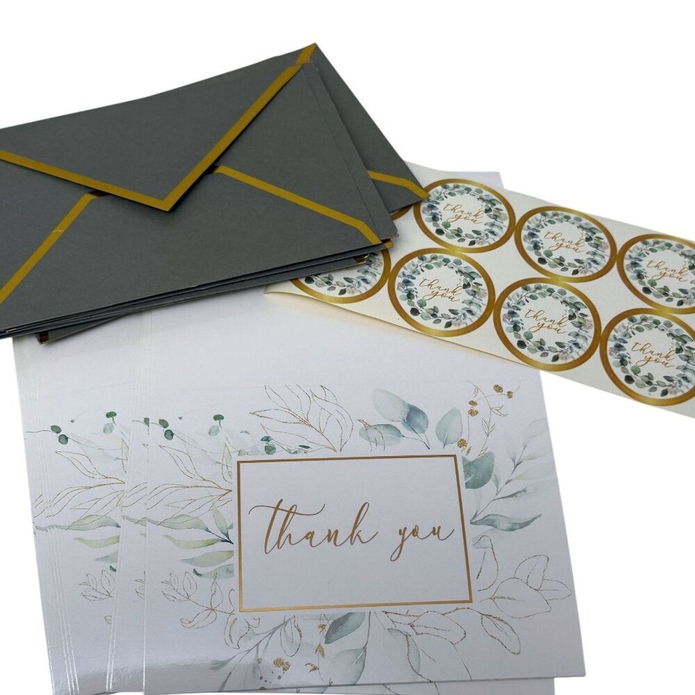 Thank you Cards Set of 10 Green Leaf Design w/ Stickers and Envelopes 3.75x5"